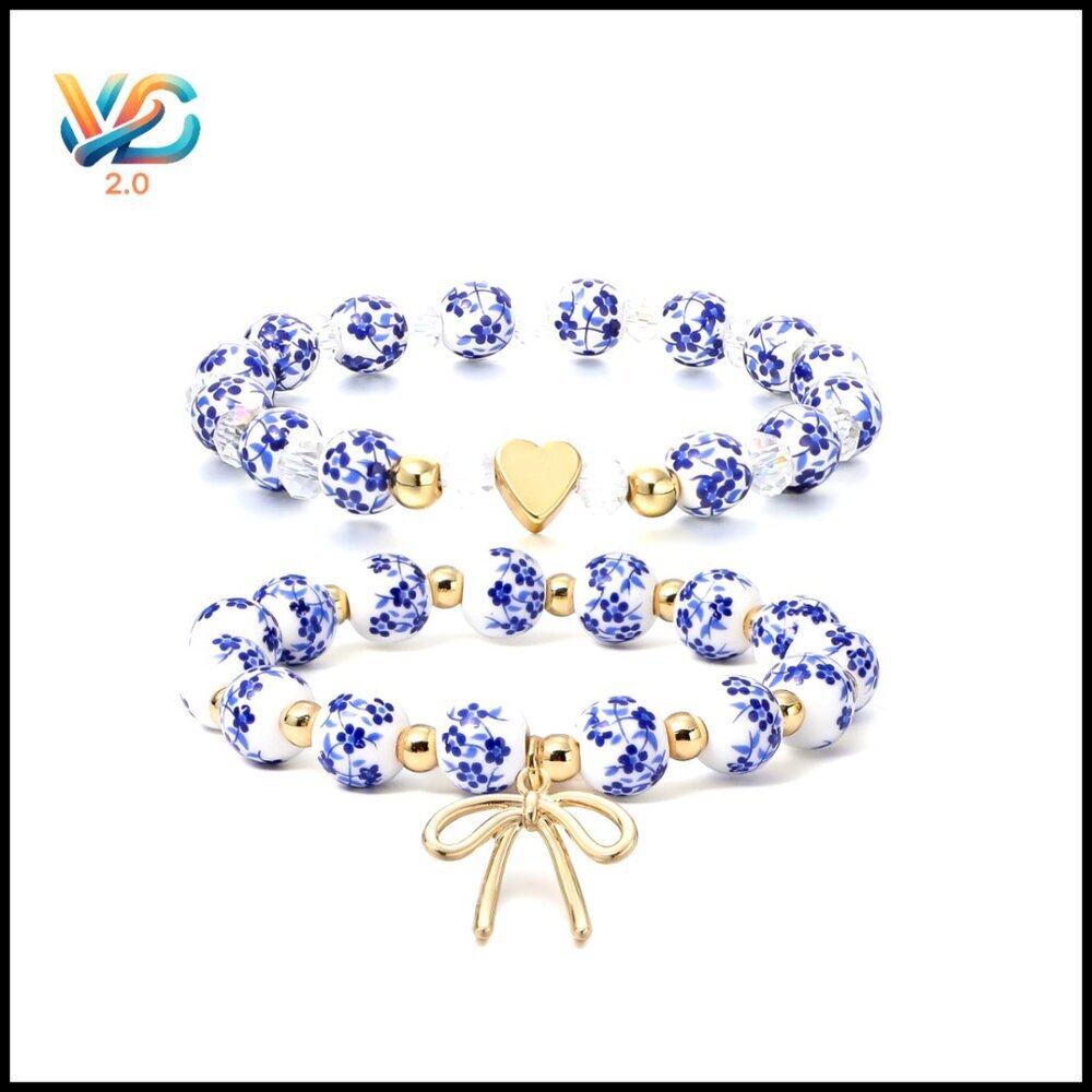 Vintage Ceramic Bead Stretch Bracelet Stackable Boho Chic Gold Plated